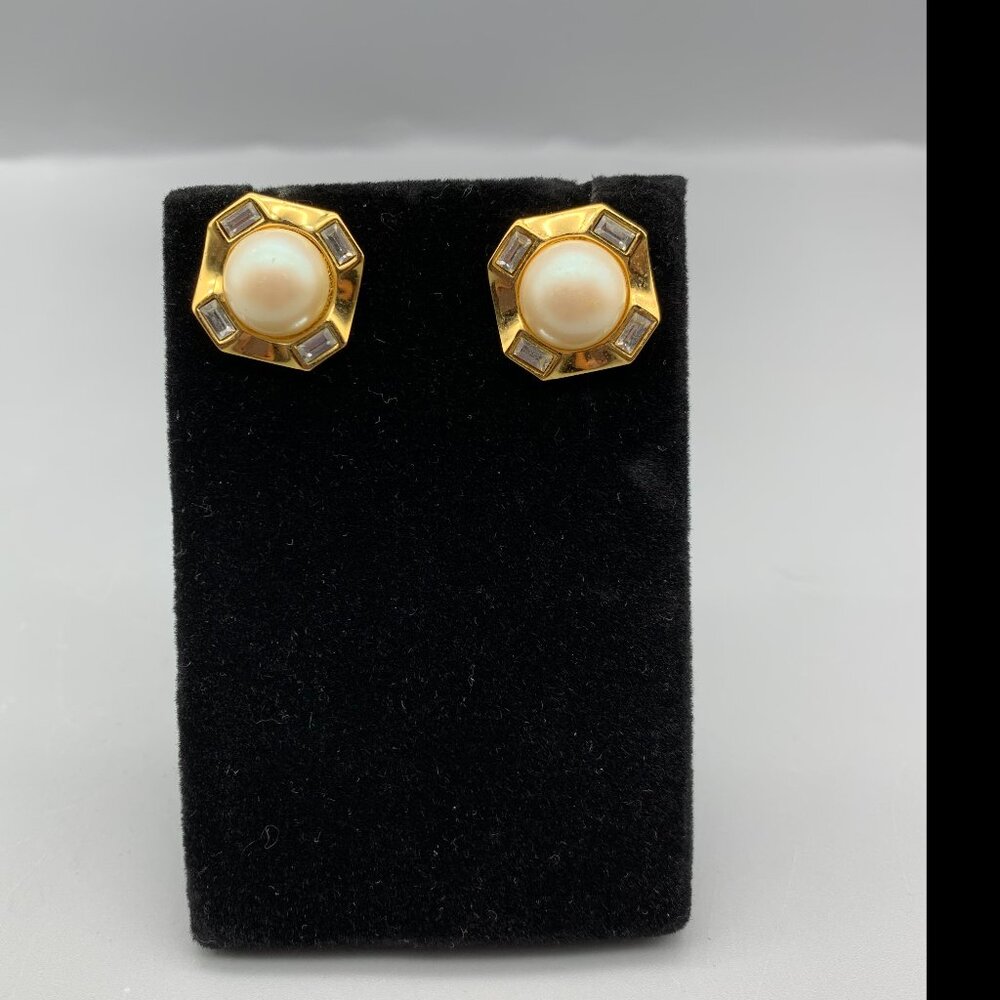Monet Gold-tone Square Pierced Earrings with Faux Pearl Center & Rhinestone Trim